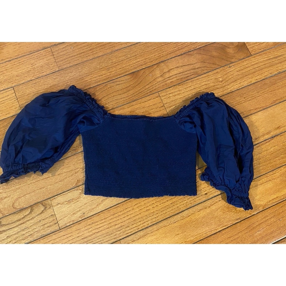 Aje Puff Sleeve Crop Top Navy‎ Blue Size 10 Off Shoulder Ruched Ribbed